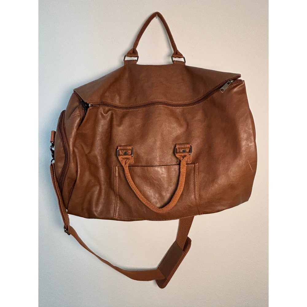 Seyfocnia Brown Faux Leather Duffle Bag Travel Weekender Gym Bag Shoe